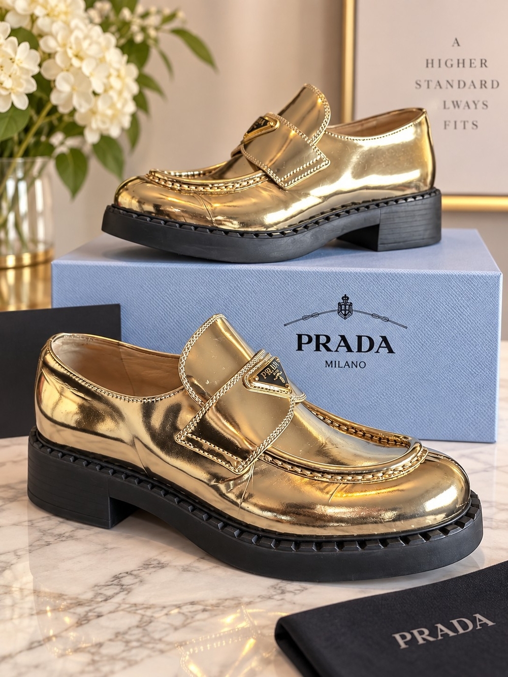 Prada Women’s Metallic Gold Leather Loafers